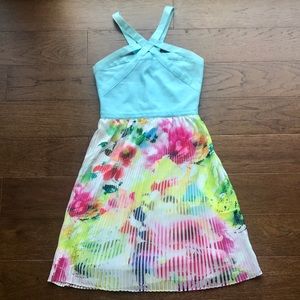 Light Blue & Floral Pleated Dress